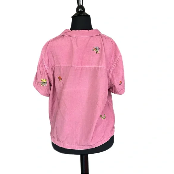 Disney Pink Short-Sleeve Button-Down Shirt with Embroidered Mickey & Motifs - Picture 9 of 10